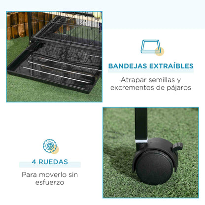 Bird Cage with Wheels Large 2-Tier Bird Aviary with Removable Trays Feeders Perches for Canaries Budgies 51.5x50x140 cm Black