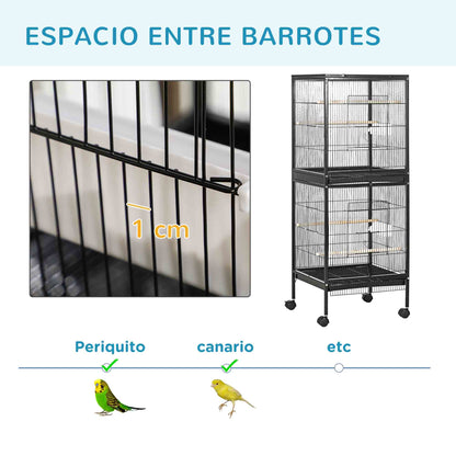 Bird Cage with Wheels Large 2-Tier Bird Aviary with Removable Trays Feeders Perches for Canaries Budgies 51.5x50x140 cm Black