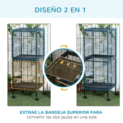 Bird Cage with Wheels Large 2-Tier Bird Aviary with Removable Trays Feeders Perches for Canaries Budgies 51.5x50x140 cm Black