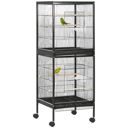 Bird Cage with Wheels Large 2-Tier Bird Aviary with Removable Trays Feeders Perches for Canaries Budgies 51.5x50x140 cm Black