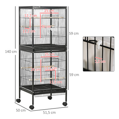 Bird Cage with Wheels Large 2-Tier Bird Aviary with Removable Trays Feeders Perches for Canaries Budgies 51.5x50x140 cm Black