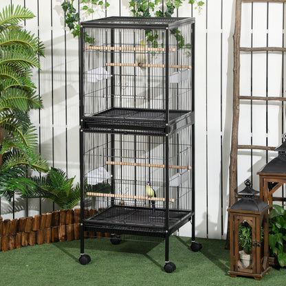 Bird Cage with Wheels Large 2-Tier Bird Aviary with Removable Trays Feeders Perches for Canaries Budgies 51.5x50x140 cm Black