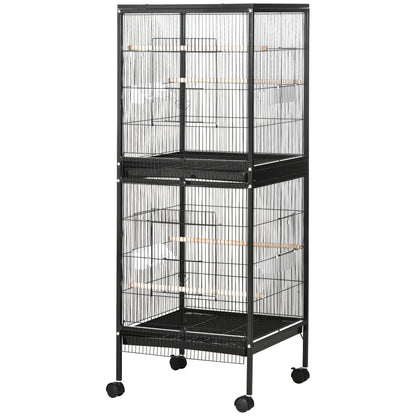 Bird Cage with Wheels Large 2-Tier Bird Aviary with Removable Trays Feeders Perches for Canaries Budgies 51.5x50x140 cm Black
