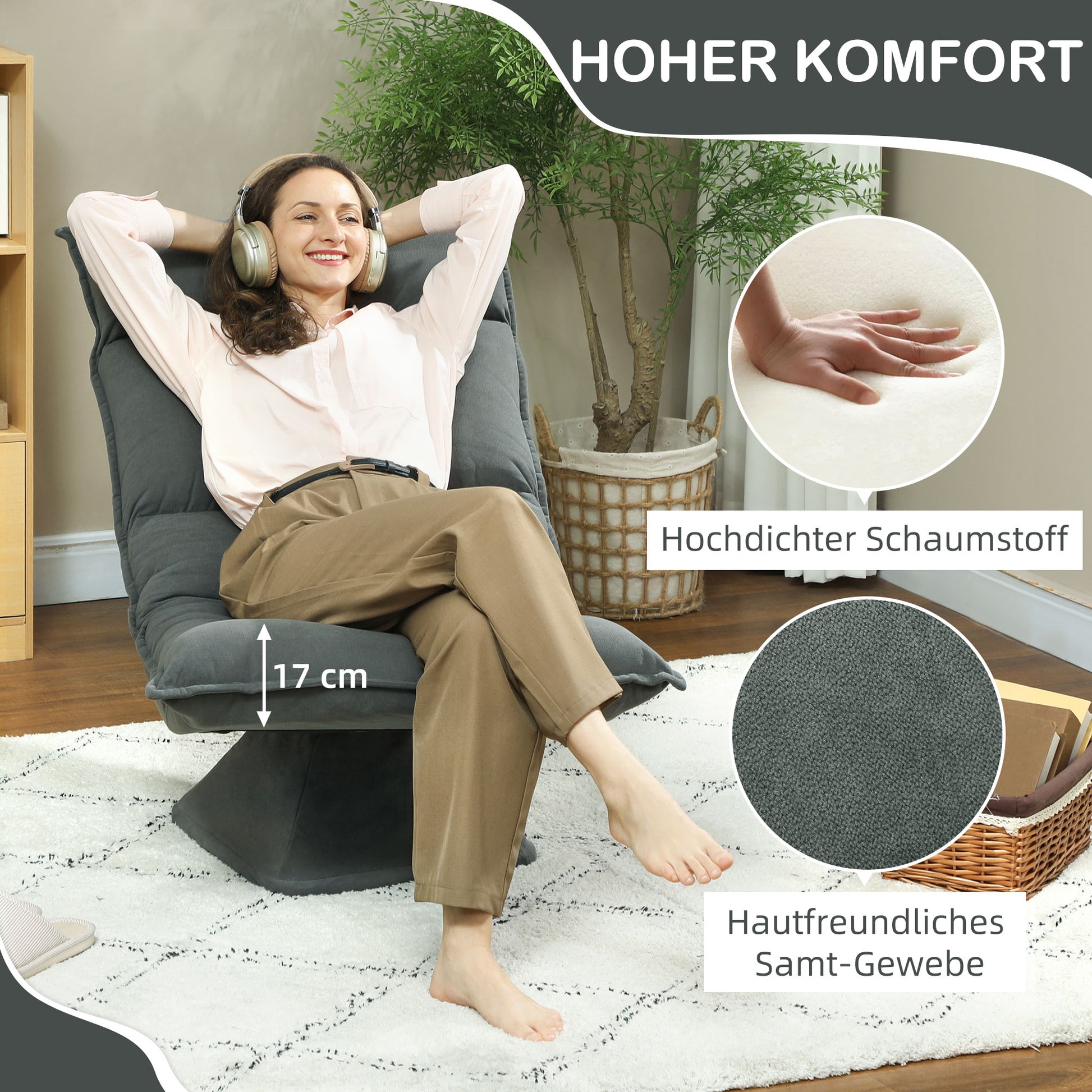 Floor Chair 360° Swivel Floor Seat with 5-Position Adjustable Backrest, Foldable Floor Sofa Meditation Chair Padded Lazy Sofa for Living Room Gaming & Reading Dark Gray