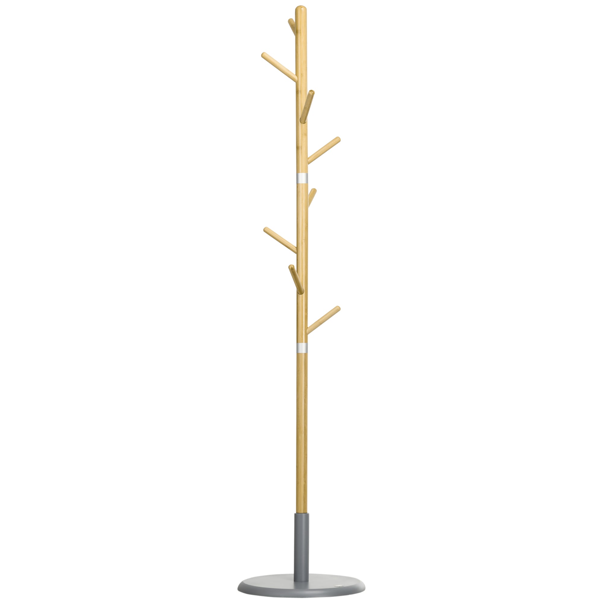 Bamboo Coat Rack Freestanding Coat Tree Stand with 8 Hooks for Hanging Clothes Bags Tree-Shaped Coat Rack Ø37.8x175.6 cm Natural and Gray