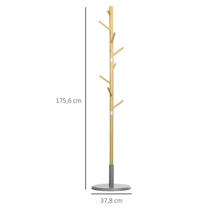 Bamboo Coat Rack Freestanding Coat Tree Stand with 8 Hooks for Hanging Clothes Bags Tree-Shaped Coat Rack Ø37.8x175.6 cm Natural and Gray