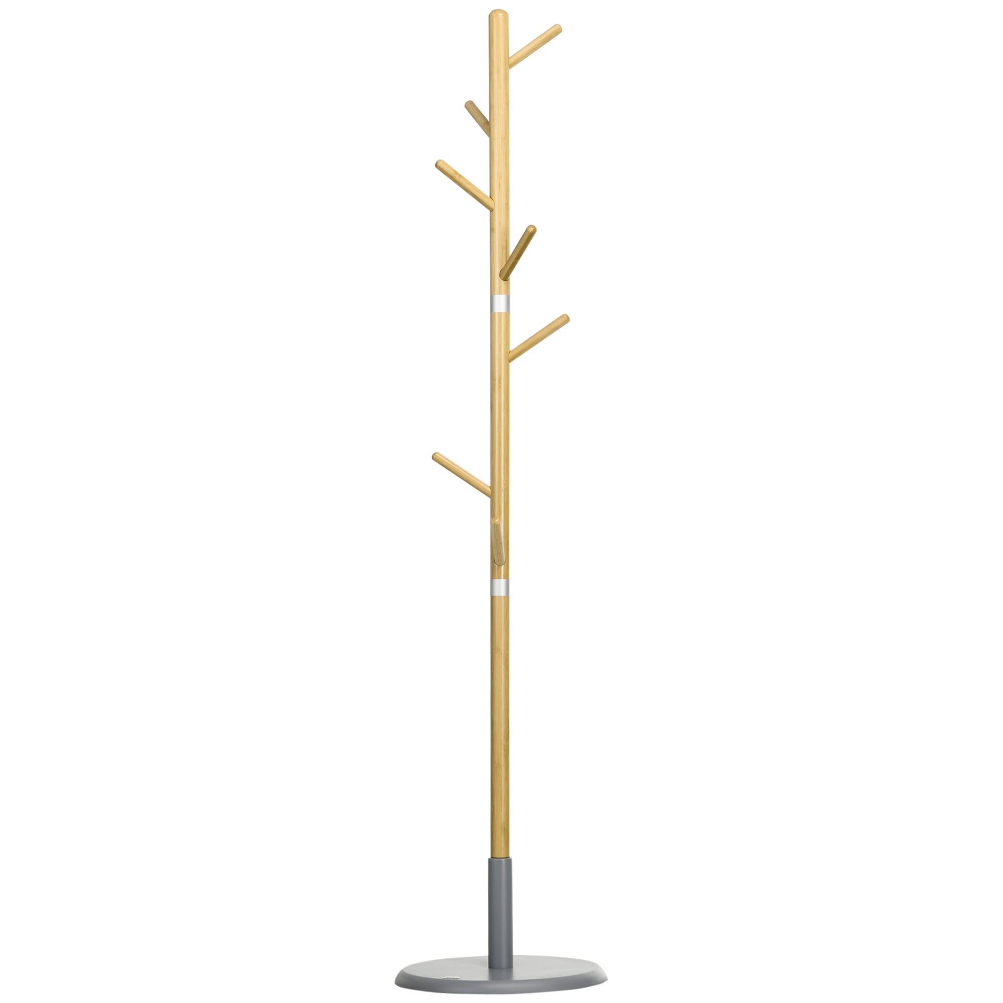 Bamboo Coat Rack Freestanding Coat Tree Stand with 8 Hooks for Hanging Clothes Bags Tree-Shaped Coat Rack Ø37.8x175.6 cm Natural and Gray