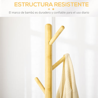 Bamboo Coat Rack Freestanding Coat Tree Stand with 8 Hooks for Hanging Clothes Bags Tree-Shaped Coat Rack Ø37.8x175.6 cm Natural and Gray