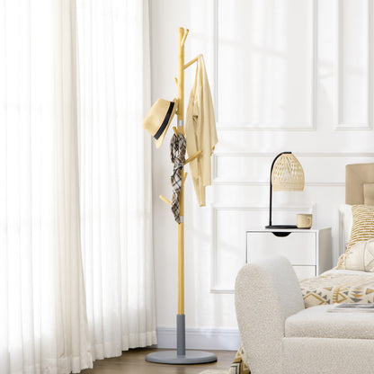 Bamboo Coat Rack Freestanding Coat Tree Stand with 8 Hooks for Hanging Clothes Bags Tree-Shaped Coat Rack Ø37.8x175.6 cm Natural and Gray