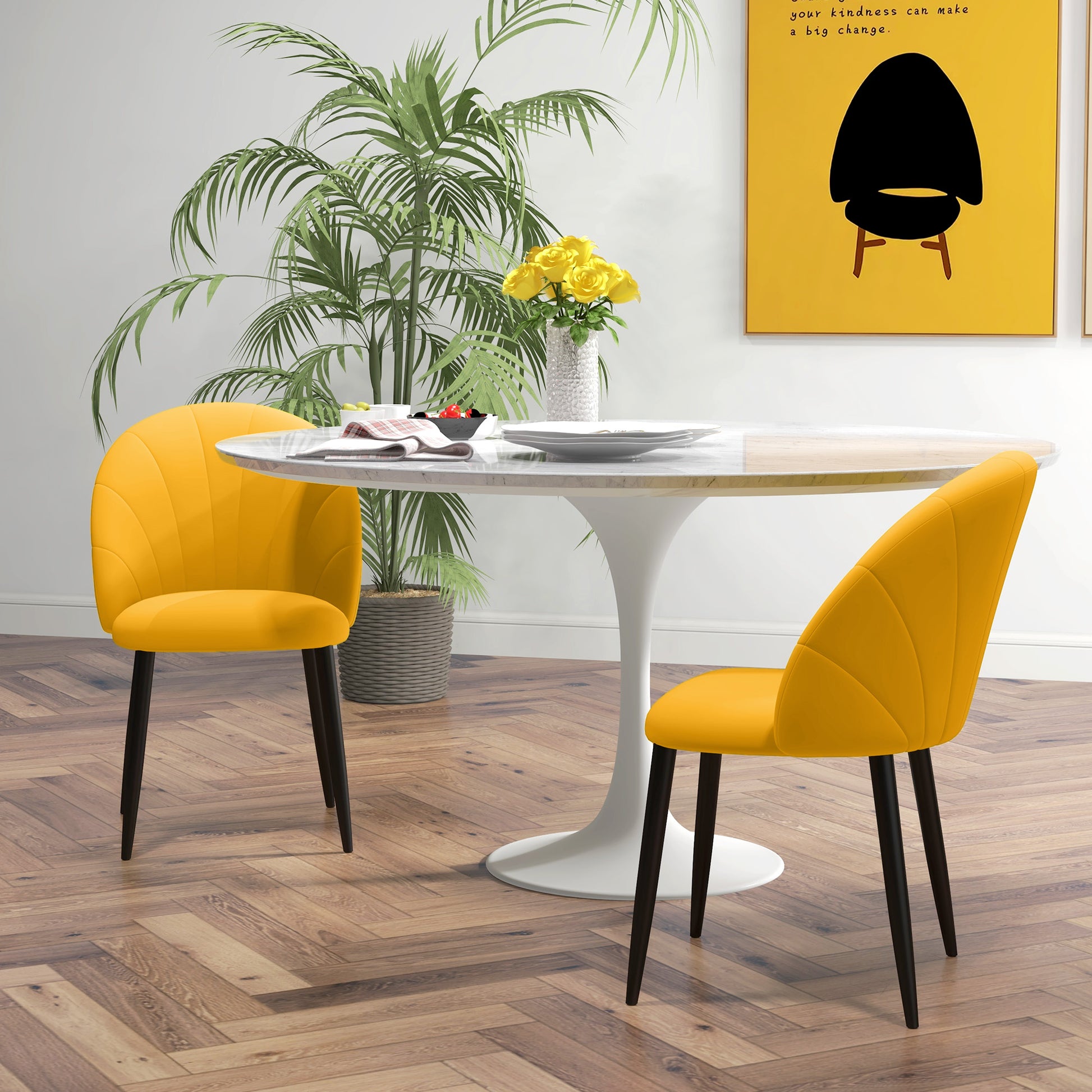 Set of 2 Dining Chairs, Modern Kitchen Chairs with Shell Back and Metal Legs, Velvet Upholstered Chair for Kitchen, Bedroom, Office, and Living Room, Yellow