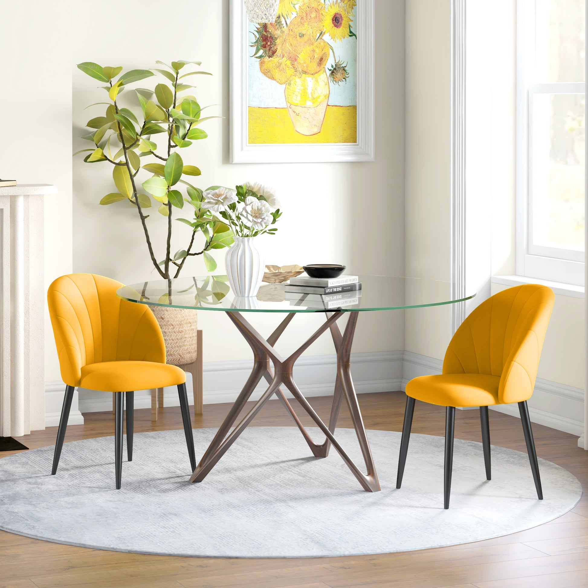 Set of 2 Dining Chairs, Modern Kitchen Chairs with Shell Back and Metal Legs, Velvet Upholstered Chair for Kitchen, Bedroom, Office, and Living Room, Yellow