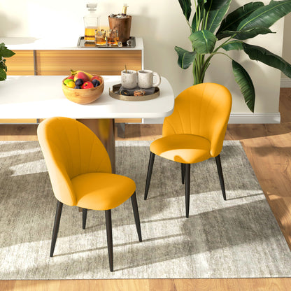 Set of 2 Dining Chairs, Modern Kitchen Chairs with Shell Back and Metal Legs, Velvet Upholstered Chair for Kitchen, Bedroom, Office, and Living Room, Yellow