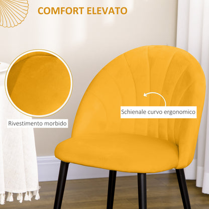 Set of 2 Dining Chairs, Modern Kitchen Chairs with Shell Back and Metal Legs, Velvet Upholstered Chair for Kitchen, Bedroom, Office, and Living Room, Yellow