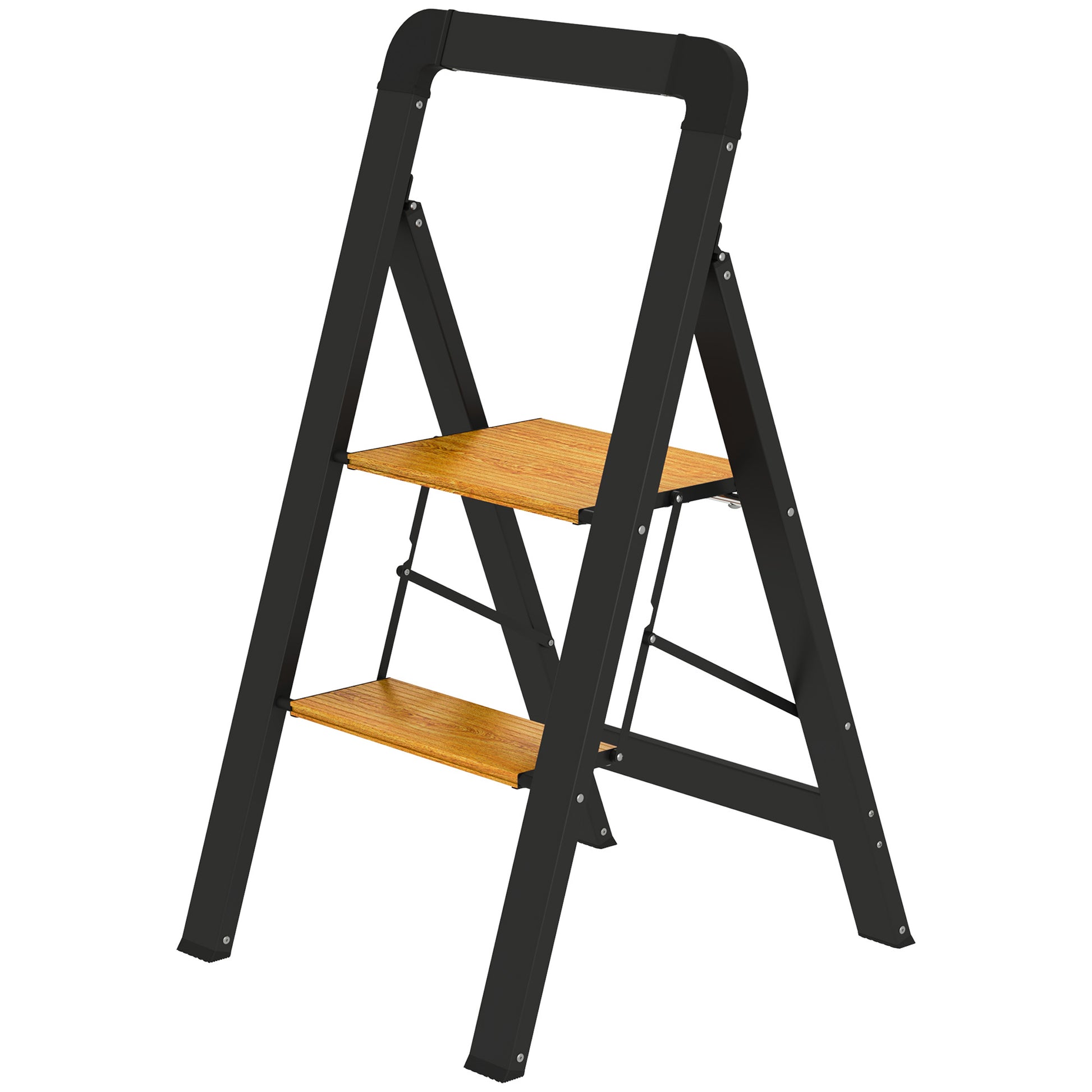 Step Ladder Folding Step Stool with 2 Steps Handle, Non-Slip Platform up to 150 kg Load Capacity Aluminum Black 44.5 x 48 x 86.3 cm