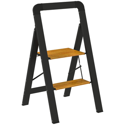 Step Ladder Folding Step Stool with 2 Steps Handle, Non-Slip Platform up to 150 kg Load Capacity Aluminum Black 44.5 x 48 x 86.3 cm