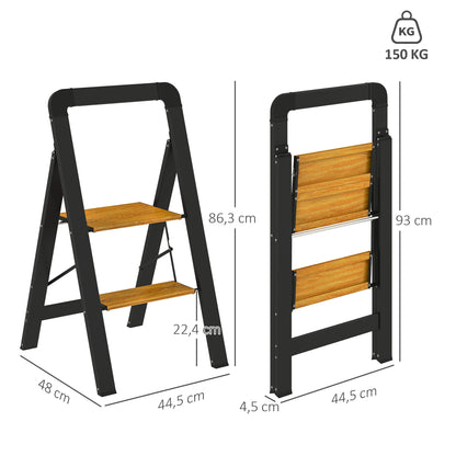 Step Ladder Folding Step Stool with 2 Steps Handle, Non-Slip Platform up to 150 kg Load Capacity Aluminum Black 44.5 x 48 x 86.3 cm