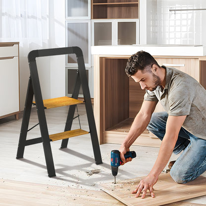 Step Ladder Folding Step Stool with 2 Steps Handle, Non-Slip Platform up to 150 kg Load Capacity Aluminum Black 44.5 x 48 x 86.3 cm