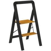 Step Ladder Folding Step Stool with 2 Steps Handle, Non-Slip Platform up to 150 kg Load Capacity Aluminum Black 44.5 x 48 x 86.3 cm