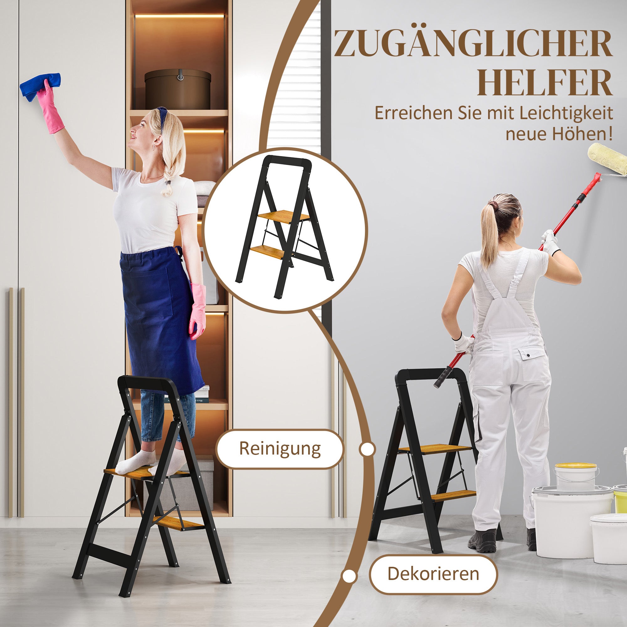 Step Ladder Folding Step Stool with 2 Steps Handle, Non-Slip Platform up to 150 kg Load Capacity Aluminum Black 44.5 x 48 x 86.3 cm