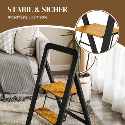 Step Ladder Folding Step Stool with 2 Steps Handle, Non-Slip Platform up to 150 kg Load Capacity Aluminum Black 44.5 x 48 x 86.3 cm