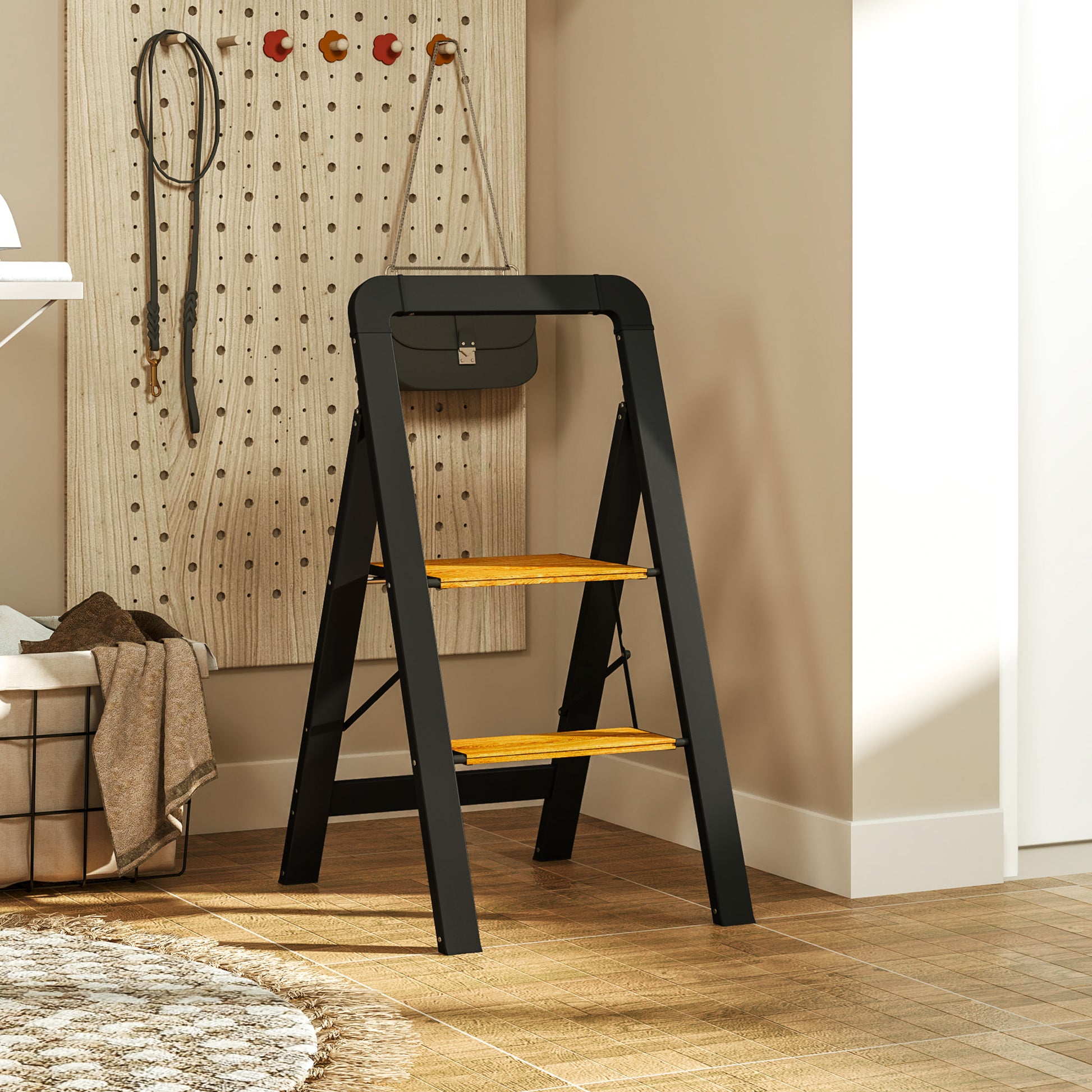Step Ladder Folding Step Stool with 2 Steps Handle, Non-Slip Platform up to 150 kg Load Capacity Aluminum Black 44.5 x 48 x 86.3 cm