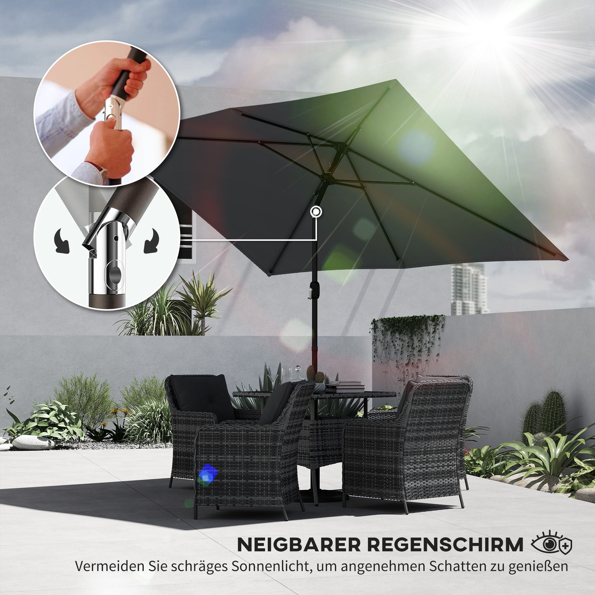 Tilt Rectangular Patio Umbrella 300 x 200 cm (118" x 79") with Crank & Cover — UV Protection, Wind-Resistant, Sturdy Market Parasol, Dark Gray