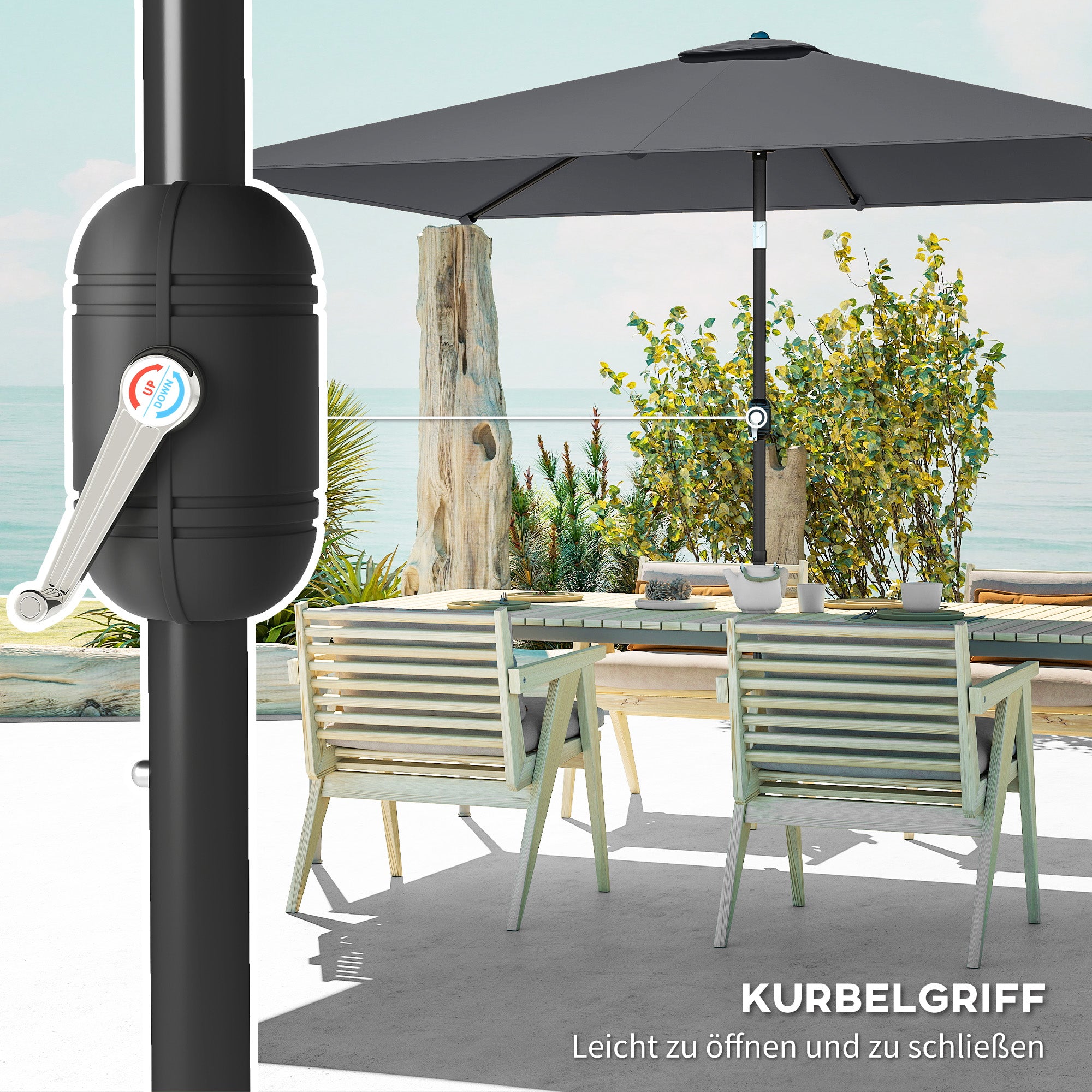 Tilt Rectangular Patio Umbrella 300 x 200 cm (118" x 79") with Crank & Cover — UV Protection, Wind-Resistant, Sturdy Market Parasol, Dark Gray
