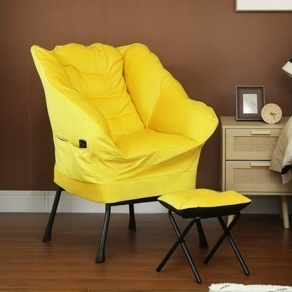 Living Room Armchair with Ottoman Relax Chair for Bedroom with Side Pockets and Steel Legs for Living Room Yellow