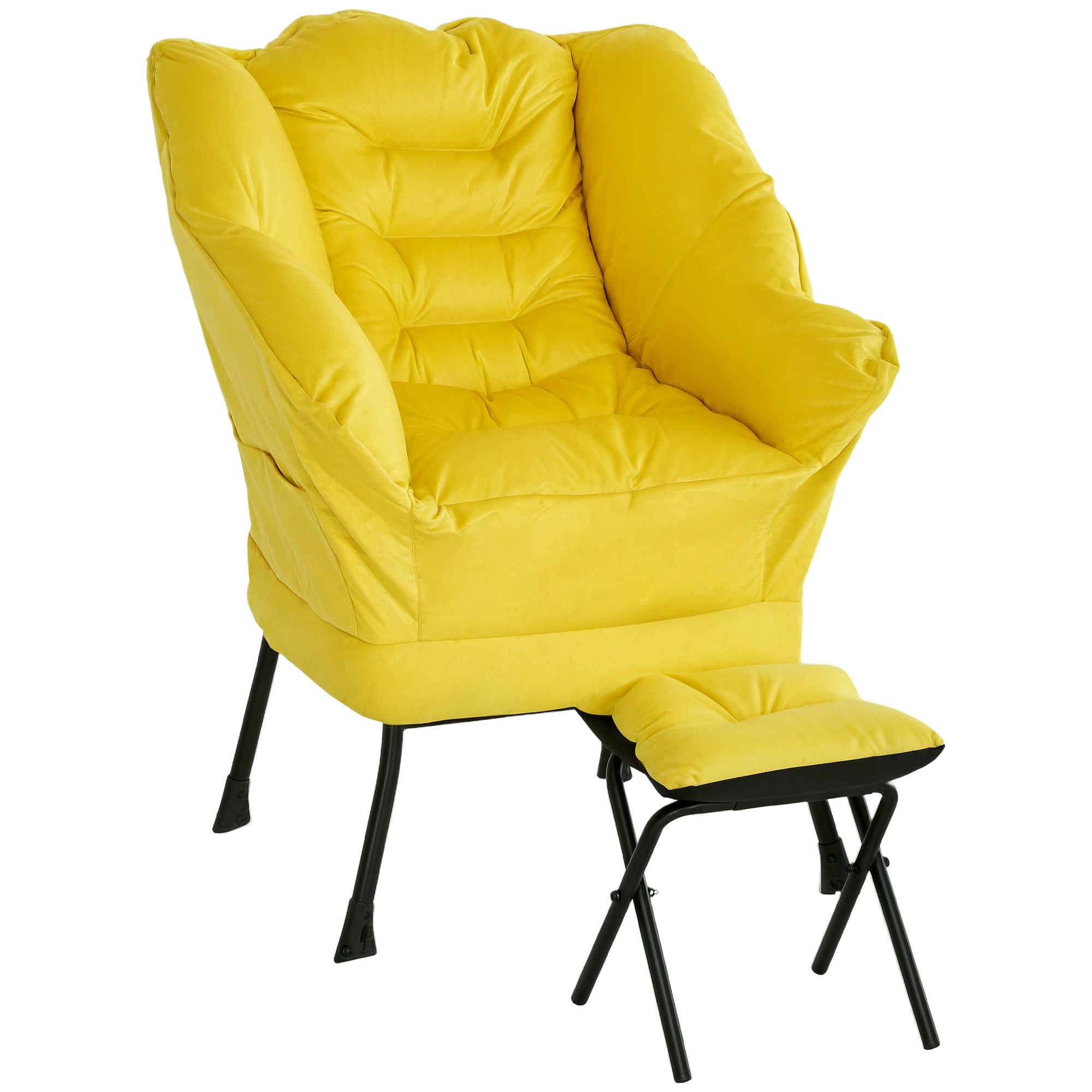 Living Room Armchair with Ottoman Relax Chair for Bedroom with Side Pockets and Steel Legs for Living Room Yellow