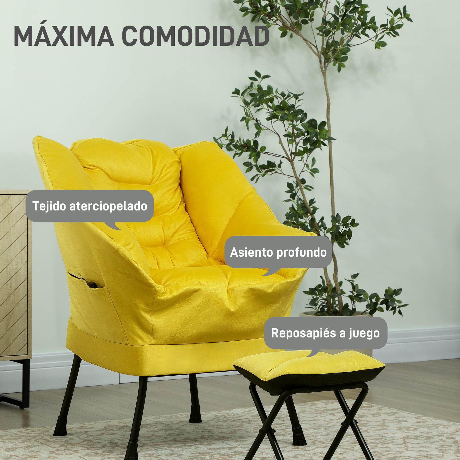 Living Room Armchair with Ottoman Relax Chair for Bedroom with Side Pockets and Steel Legs for Living Room Yellow