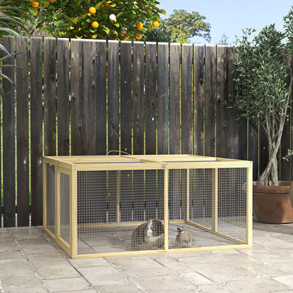 Rabbit Hutch for Dwarf Rabbits made of Wood, Foldable Small Animal Hutch with Outdoor Run, Rabbit Hutch with Foldable Roof Handle for Guinea Pigs, Natural, 110 x 105 x 50 cm