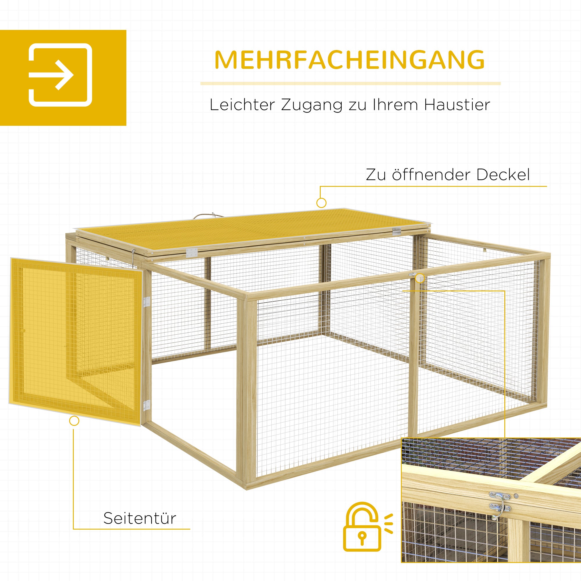 Rabbit Hutch for Dwarf Rabbits made of Wood, Foldable Small Animal Hutch with Outdoor Run, Rabbit Hutch with Foldable Roof Handle for Guinea Pigs, Natural, 110 x 105 x 50 cm
