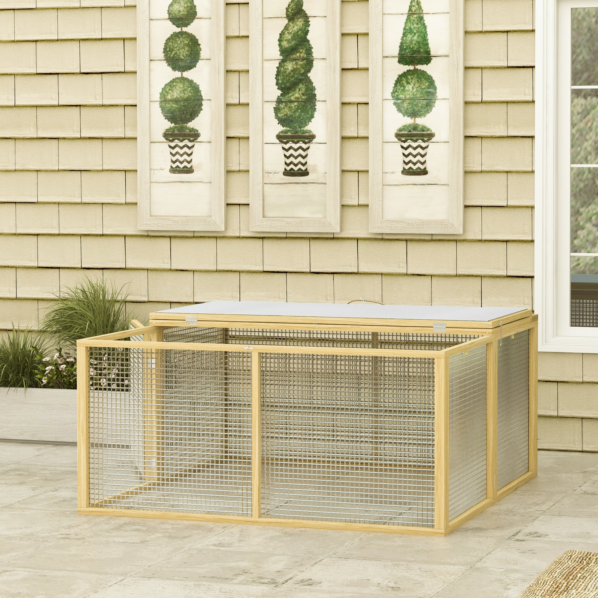 Rabbit Hutch for Dwarf Rabbits made of Wood, Foldable Small Animal Hutch with Outdoor Run, Rabbit Hutch with Foldable Roof Handle for Guinea Pigs, Natural, 110 x 105 x 50 cm