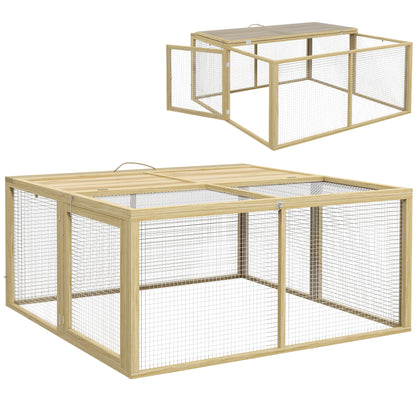 Rabbit Hutch for Dwarf Rabbits made of Wood, Foldable Small Animal Hutch with Outdoor Run, Rabbit Hutch with Foldable Roof Handle for Guinea Pigs, Natural, 110 x 105 x 50 cm