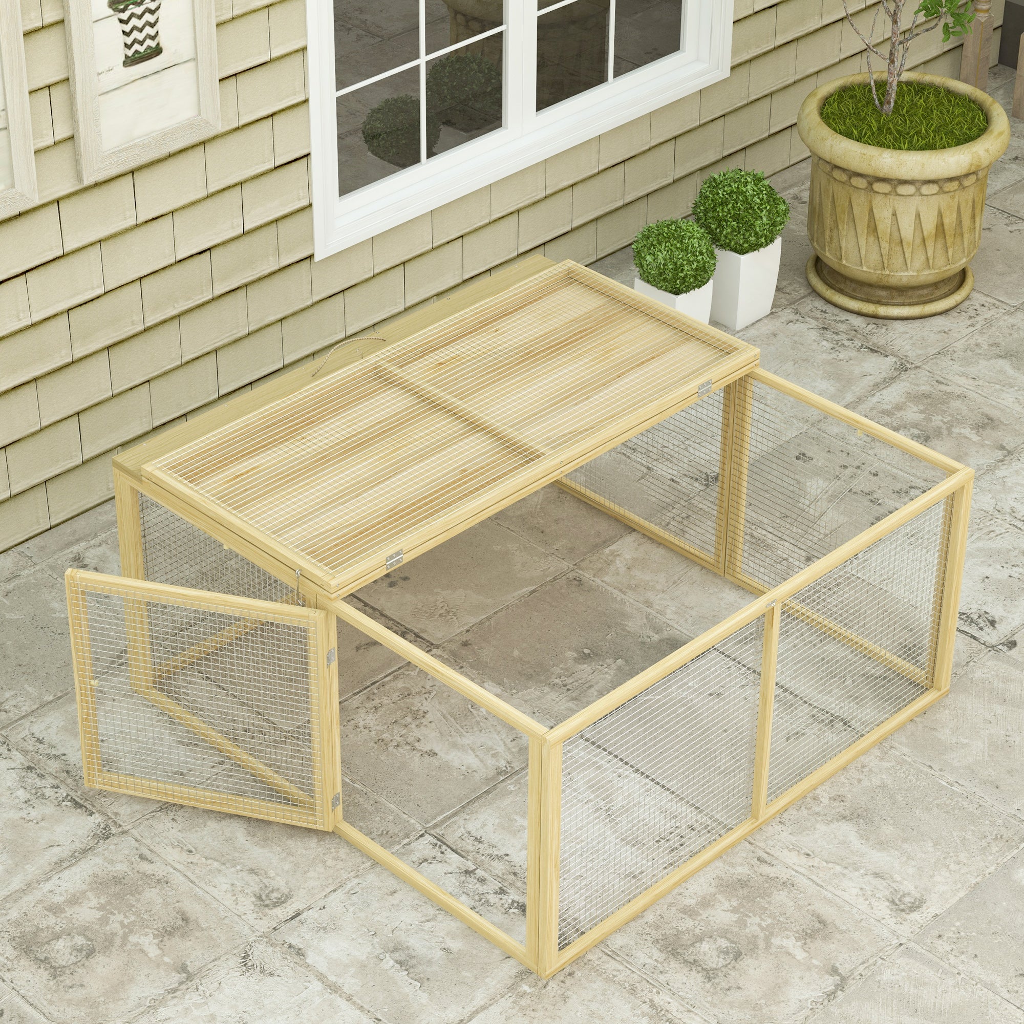 Rabbit Hutch for Dwarf Rabbits made of Wood, Foldable Small Animal Hutch with Outdoor Run, Rabbit Hutch with Foldable Roof Handle for Guinea Pigs, Natural, 110 x 105 x 50 cm