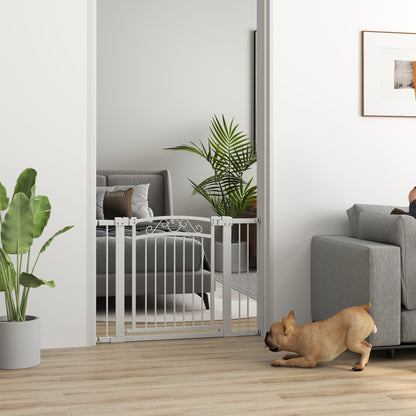 Dog Barrier Dog Gate 76-104 cm Safety Gate for Dogs with 2 Extensions 7/14 cm and Double Lock for Stairs and Doors White