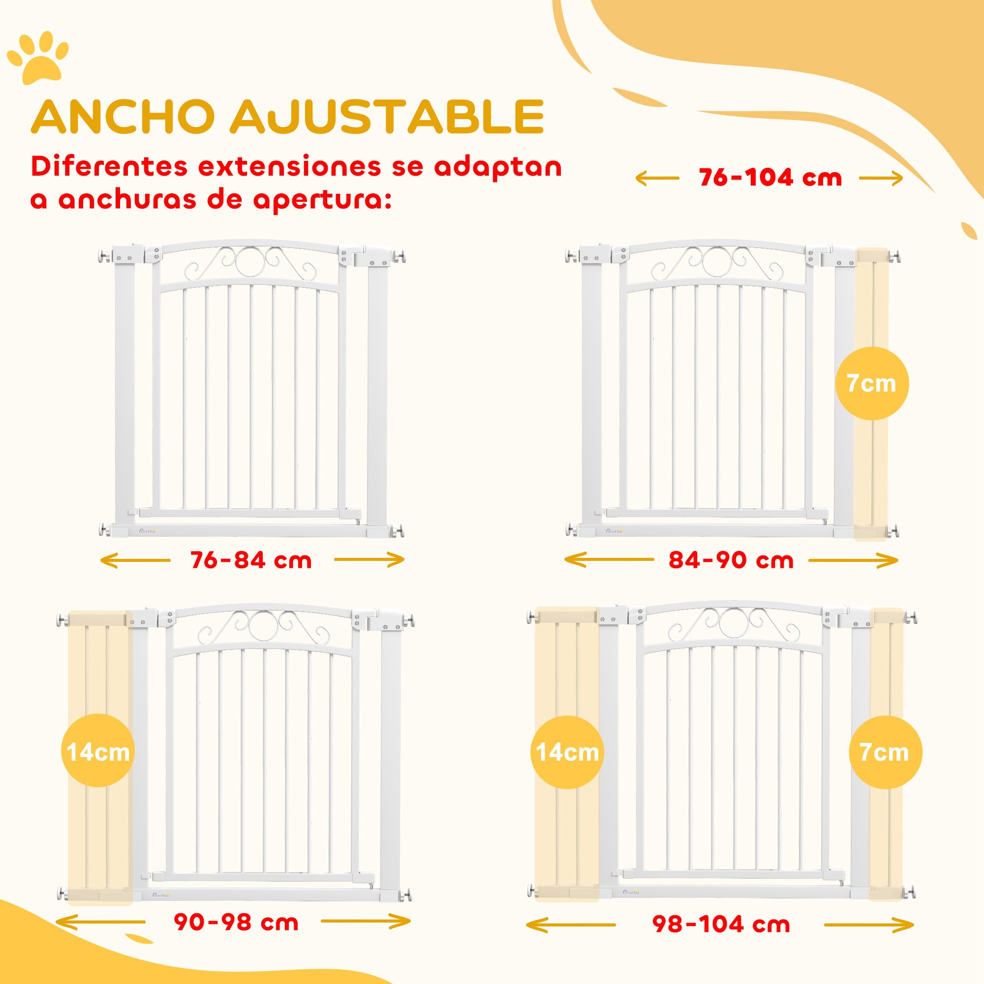 Dog Barrier Dog Gate 76-104 cm Safety Gate for Dogs with 2 Extensions 7/14 cm and Double Lock for Stairs and Doors White