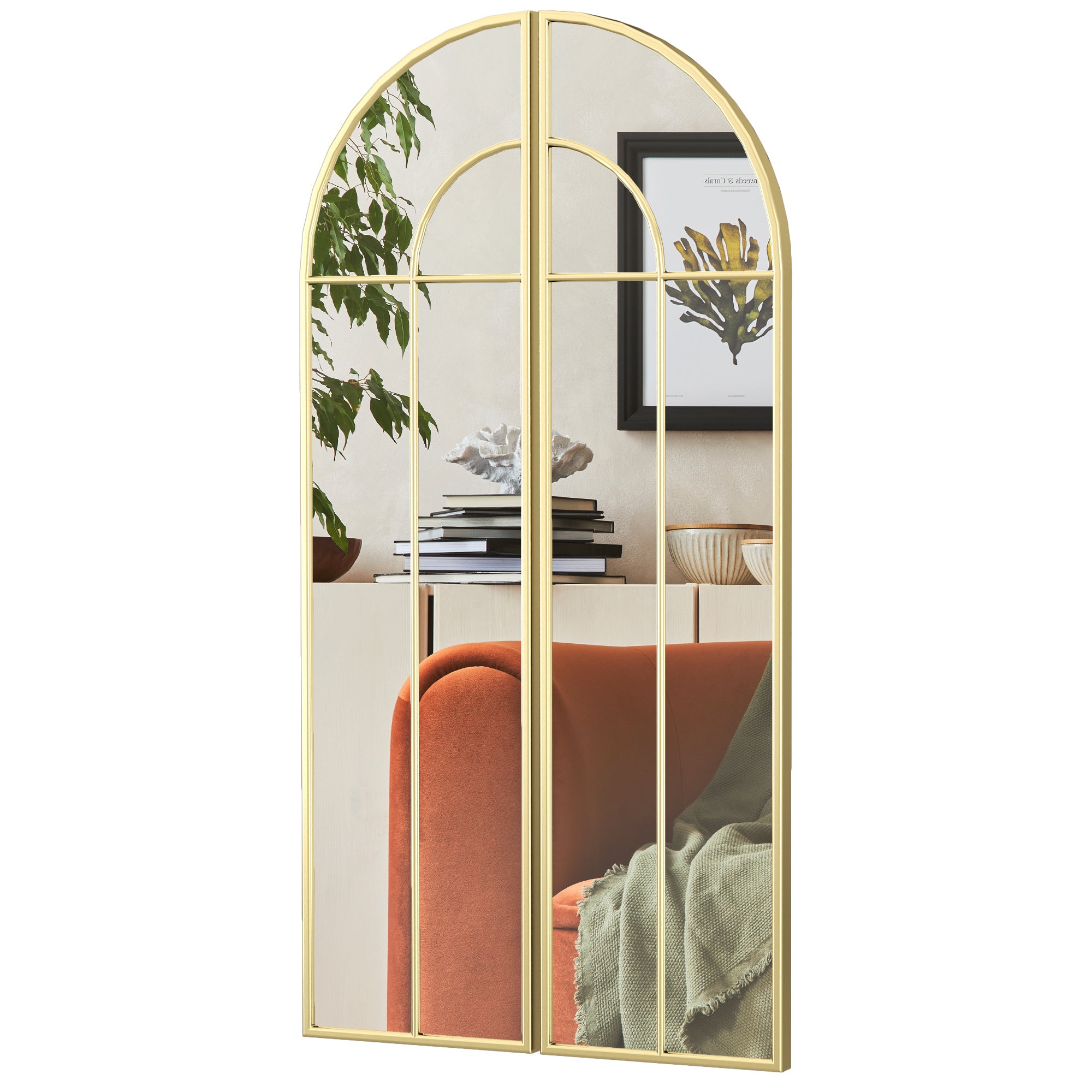 Decorative Wall Mirror 2 Pieces 30x120 cm Window Mirror with Arched Design and Metal Frame Mirror for Living Room Bedroom Entrance Gold