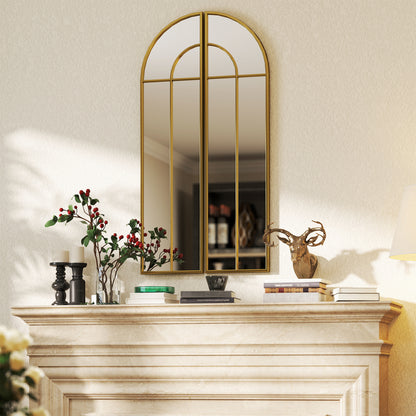 Decorative Wall Mirror 2 Pieces 30x120 cm Window Mirror with Arched Design and Metal Frame Mirror for Living Room Bedroom Entrance Gold