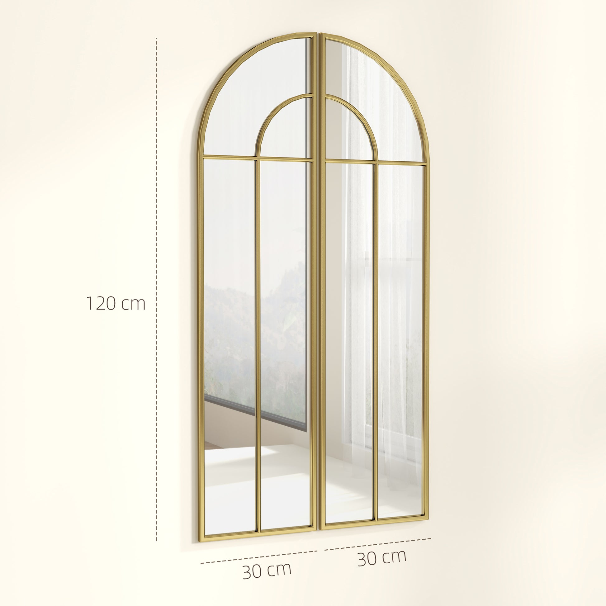 Decorative Wall Mirror 2 Pieces 30x120 cm Window Mirror with Arched Design and Metal Frame Mirror for Living Room Bedroom Entrance Gold
