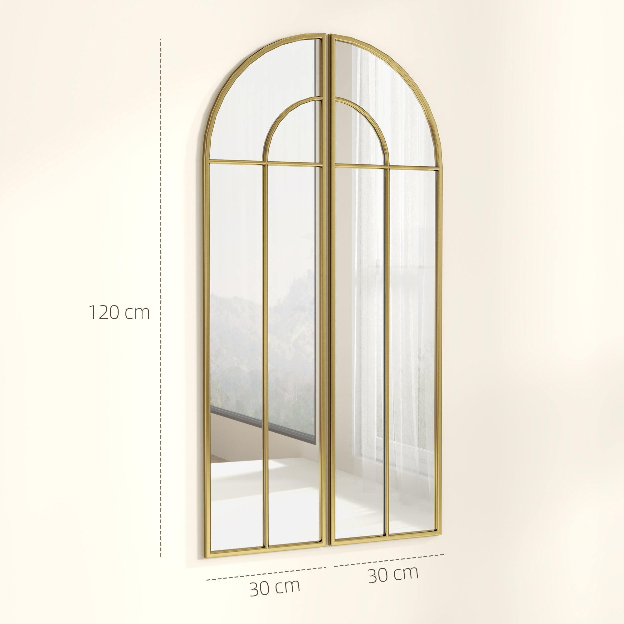 Decorative Wall Mirror 2 Pieces 30x120 cm Window Mirror with Arched Design and Metal Frame Mirror for Living Room Bedroom Entrance Gold