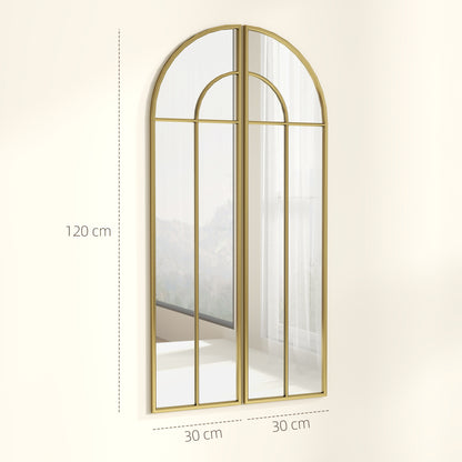 Decorative Wall Mirror 2 Pieces 30x120 cm Window Mirror with Arched Design and Metal Frame Mirror for Living Room Bedroom Entrance Gold