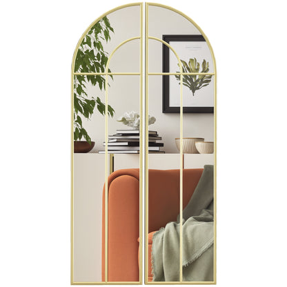Decorative Wall Mirror 2 Pieces 30x120 cm Window Mirror with Arched Design and Metal Frame Mirror for Living Room Bedroom Entrance Gold