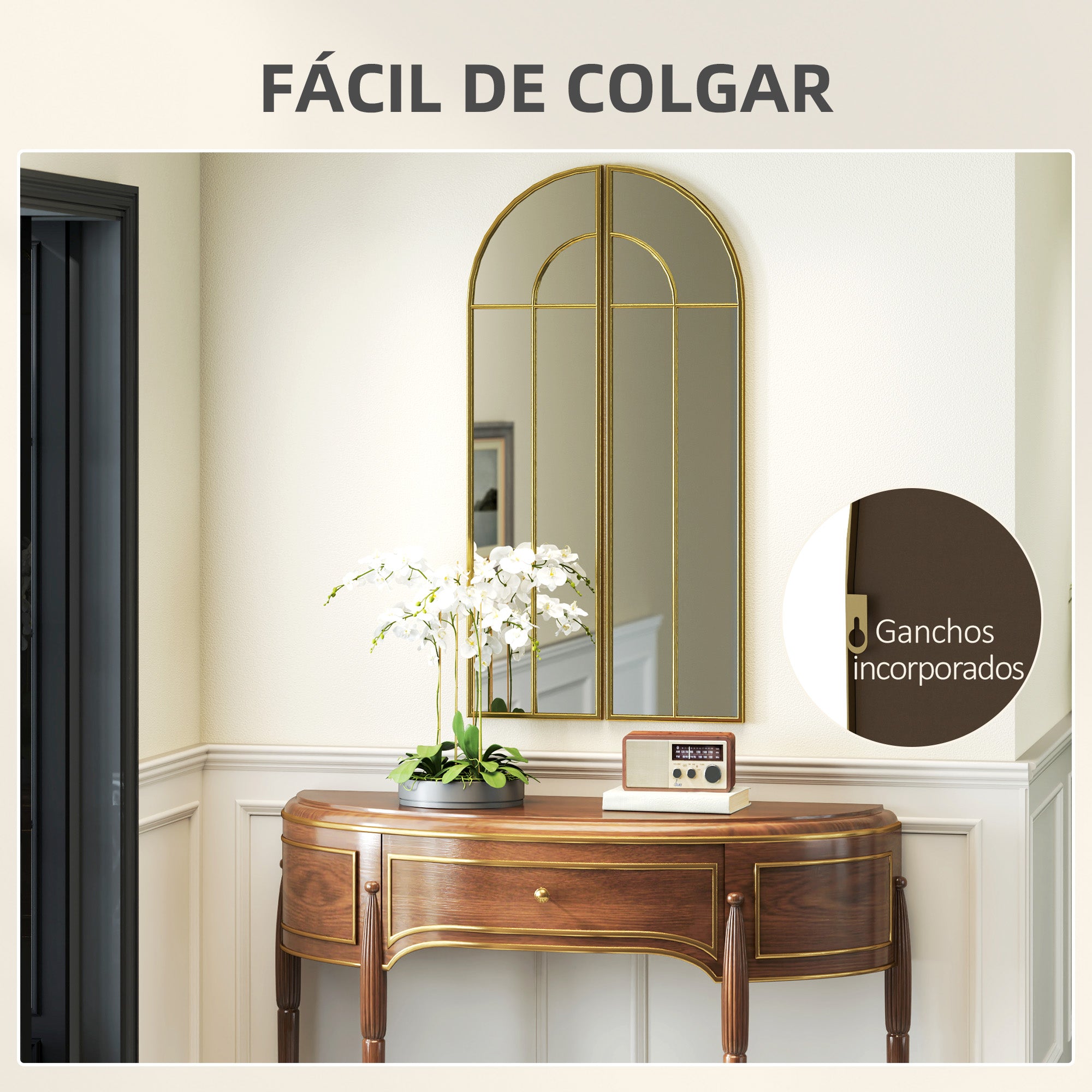 Decorative Wall Mirror 2 Pieces 30x120 cm Window Mirror with Arched Design and Metal Frame Mirror for Living Room Bedroom Entrance Gold
