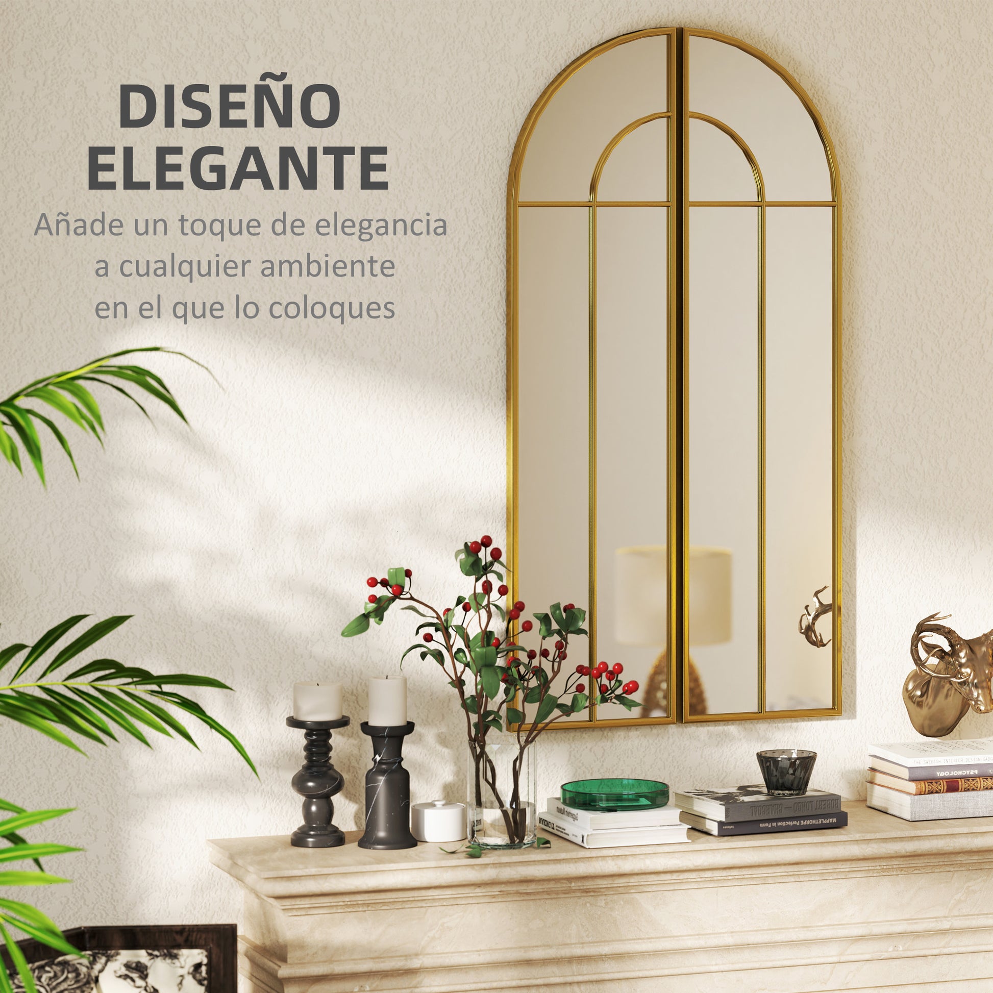 Decorative Wall Mirror 2 Pieces 30x120 cm Window Mirror with Arched Design and Metal Frame Mirror for Living Room Bedroom Entrance Gold