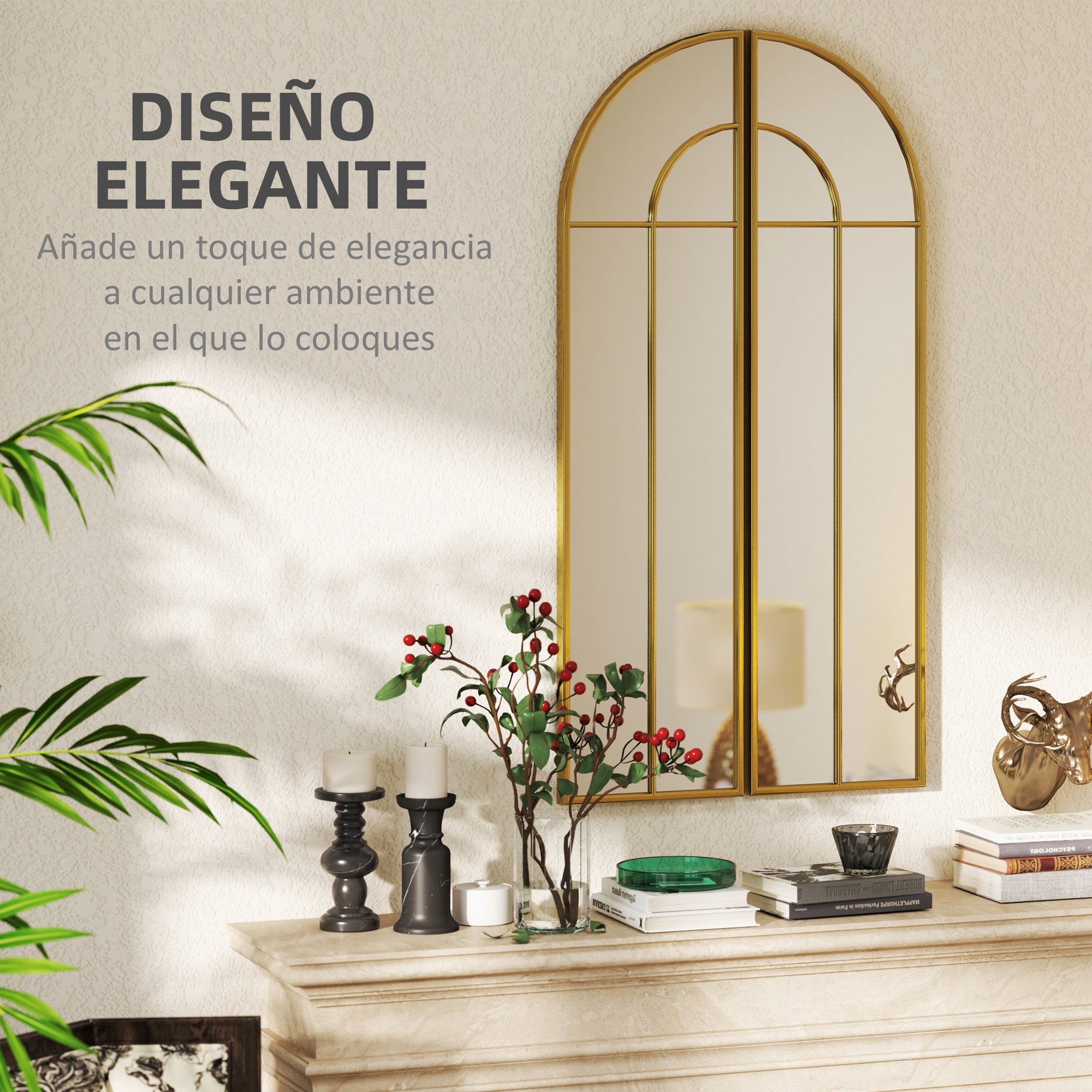 Decorative Wall Mirror 2 Pieces 30x120 cm Window Mirror with Arched Design and Metal Frame Mirror for Living Room Bedroom Entrance Gold
