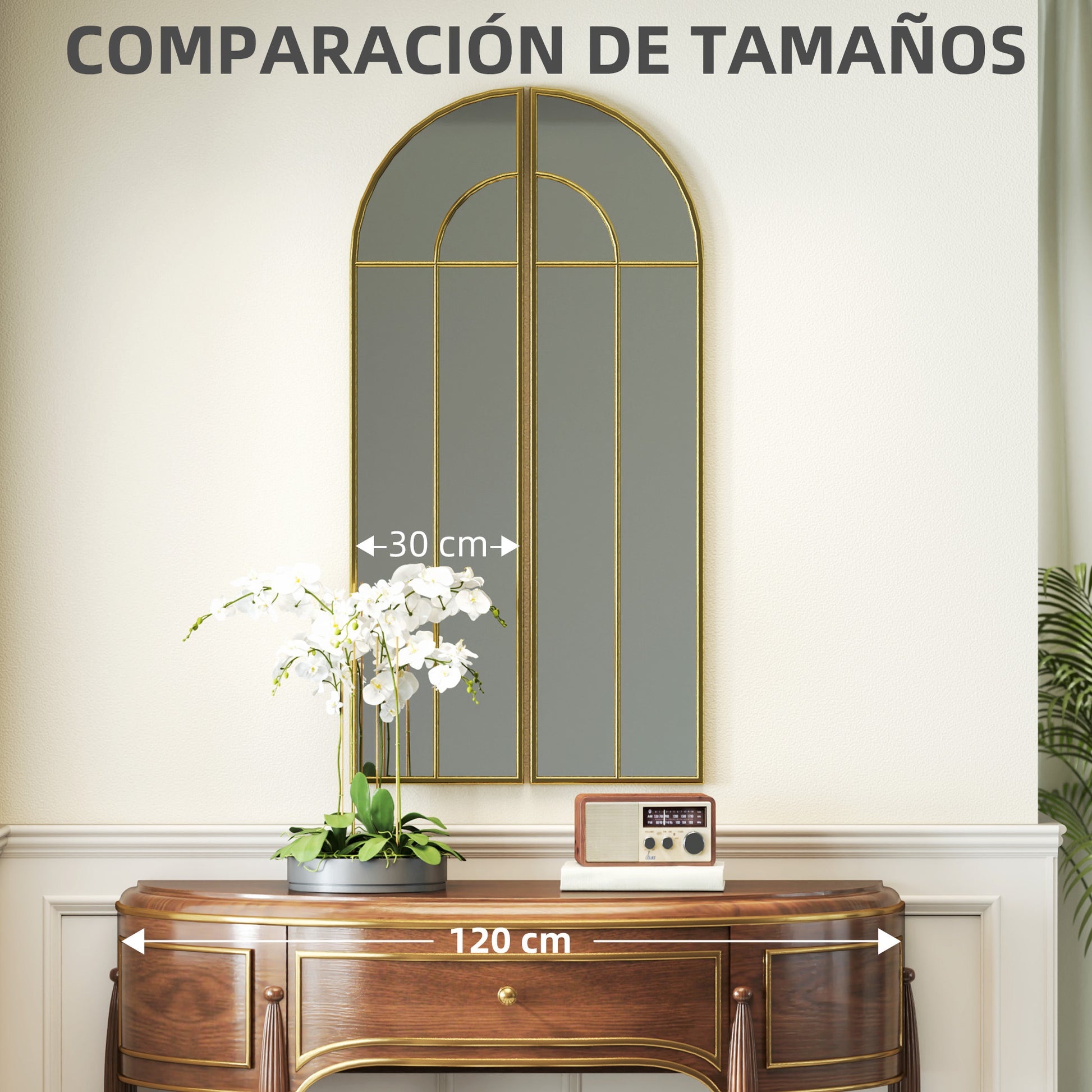 Decorative Wall Mirror 2 Pieces 30x120 cm Window Mirror with Arched Design and Metal Frame Mirror for Living Room Bedroom Entrance Gold