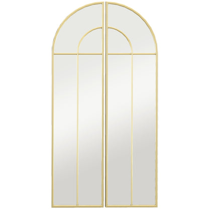 Decorative Wall Mirror 2 Pieces 30x120 cm Window Mirror with Arched Design and Metal Frame Mirror for Living Room Bedroom Entrance Gold