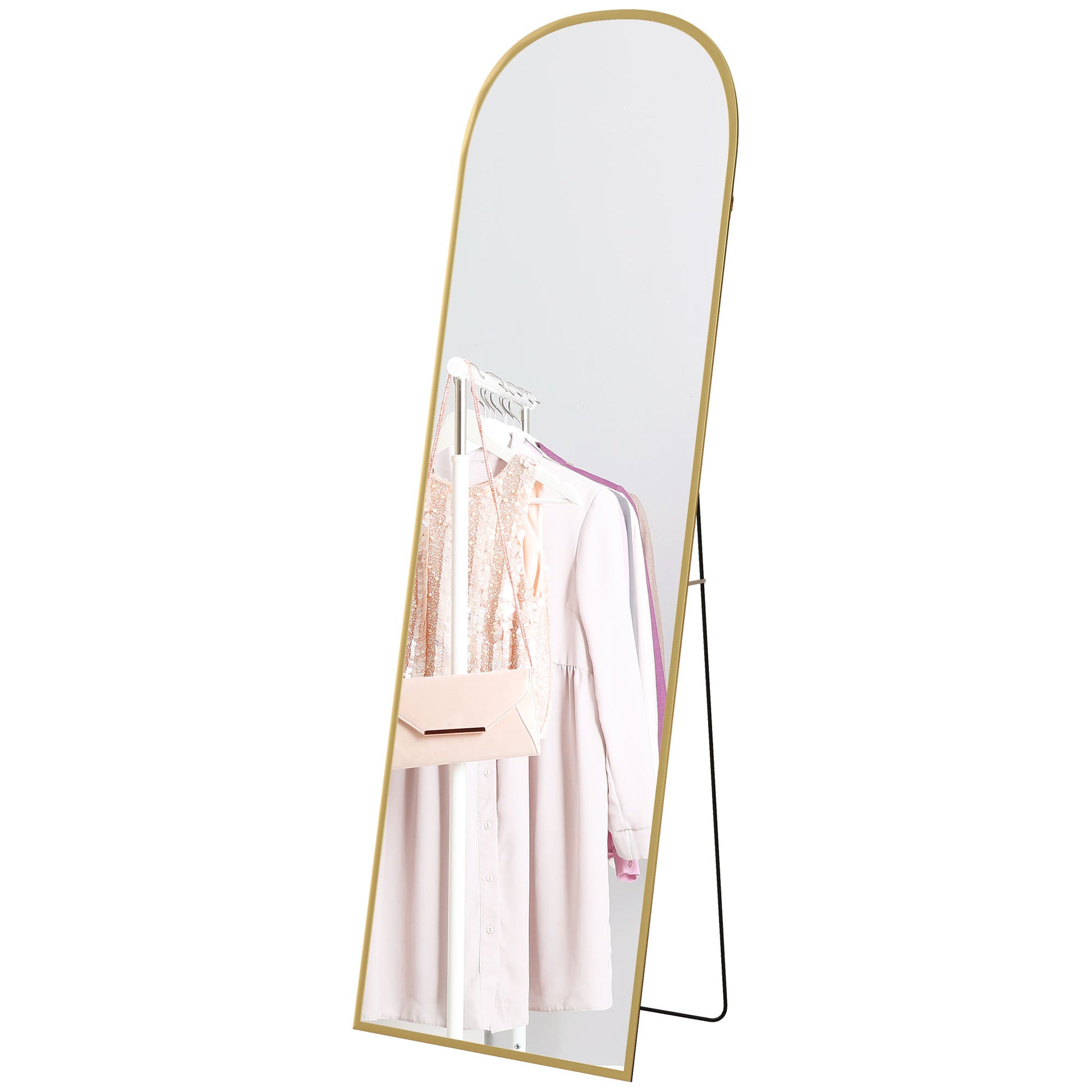 Floor Mirror, Rectangular Wall Mirror, Rounded, Aluminum Frame, Standing Mirror with Stand for Entryway, Bedroom, Dressing Room, 50 x 161.5 cm, Gold