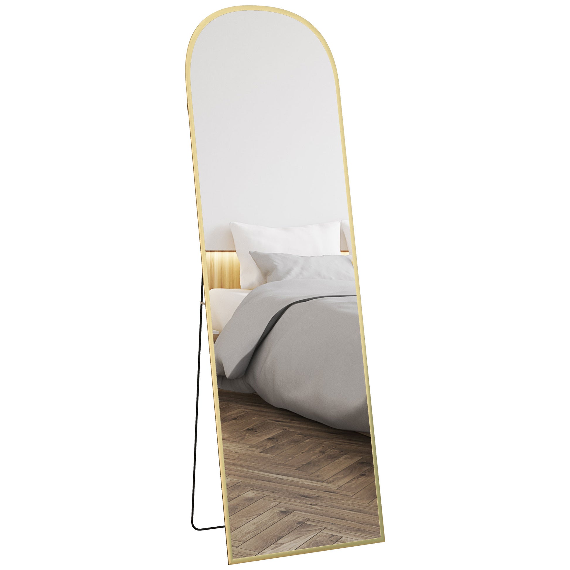 Floor Mirror, Rectangular Wall Mirror, Rounded, Aluminum Frame, Standing Mirror with Stand for Entryway, Bedroom, Dressing Room, 50 x 161.5 cm, Gold